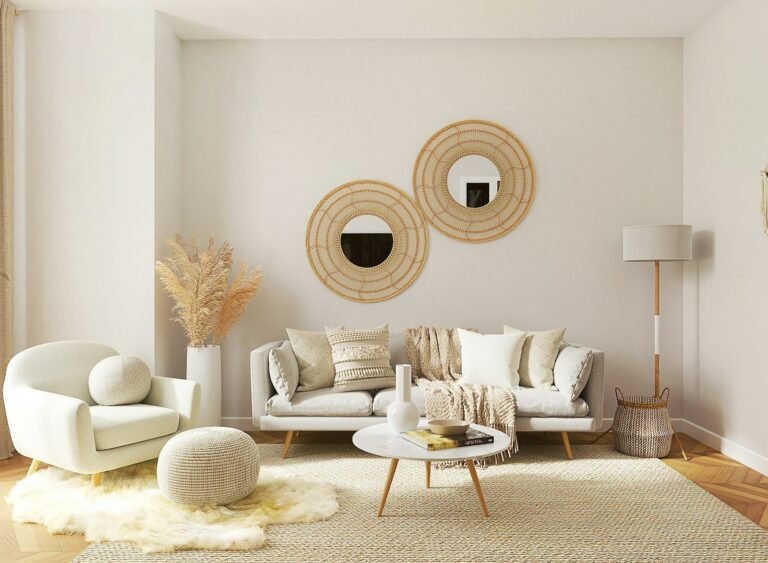 Sala de estar clara com sofá branco, poltrona, dois espelhos redondos de fibra natural, mesa de centro redonda e tapetes sobrepostos